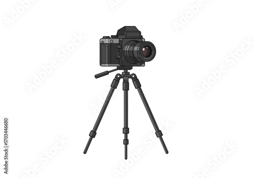 A camera is mounted atop a tripod centered in the frame
