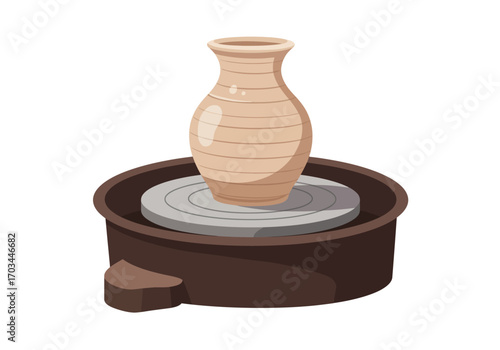 A brown pottery vase sits on a gray potters wheel on a brown frame