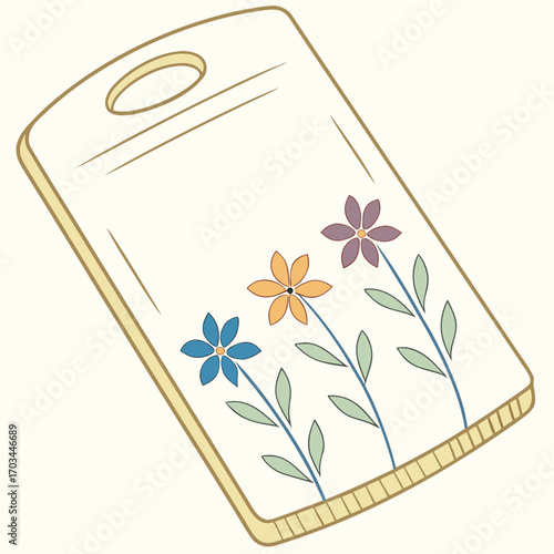 Charming cutting board adorned with cheerful blue orange and purple flowers creating a delightful kitchen accent
