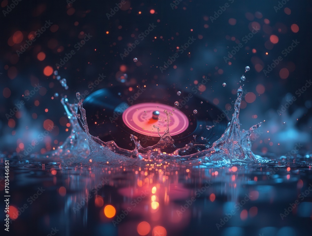 Obraz premium Vinyl record splashing into glowing liquid, creating colorful splashes
