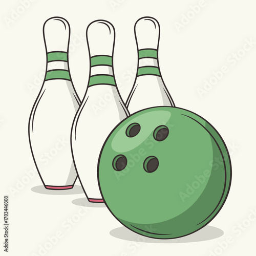 Illustration of bowling pins and green bowling ball for sports and recreational activities concept design