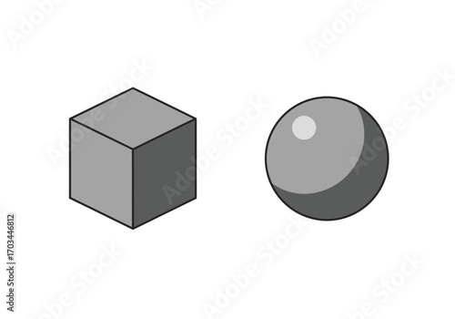 A gray cube and a gray sphere with a white highlight side by side on a white background