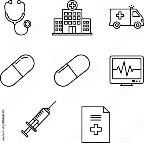 Medical and healthcare linear icons. Hospital, ambulance, and medicine vector illustration set.