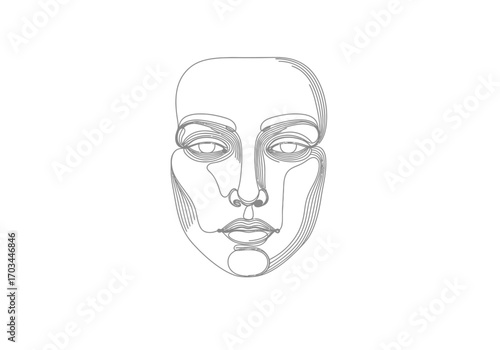 A line drawing of a face with prominent eyes nose lips and flowing facial contours