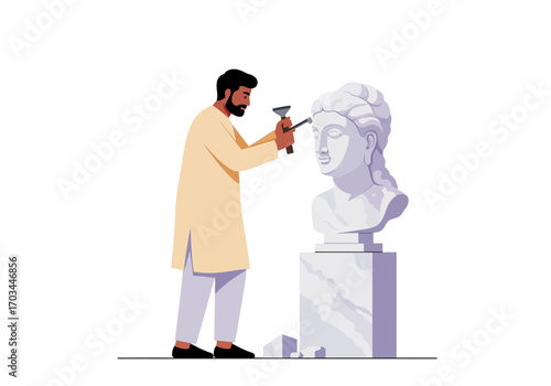 A man chisels a marble bust on a white background