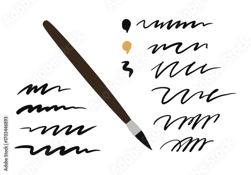 A paintbrush is surrounded by squiggly lines and example drops of ink