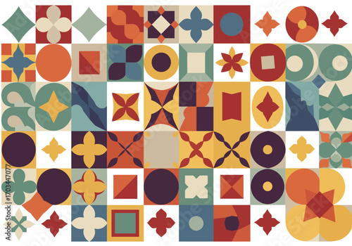 An arrangement of 42 square tiles showcasing diverse geometric patterns in various color palettes