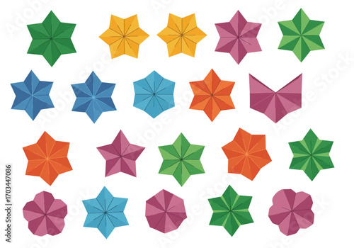 An array of geometric colorful starlike designs are scattered across a white backdrop