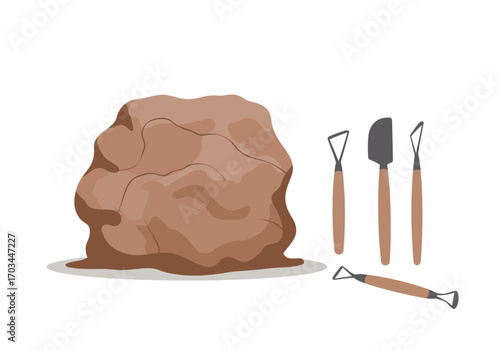 Brown clay lump with four shaping tools two with triangle tips one with curved metal tip and one flat tip