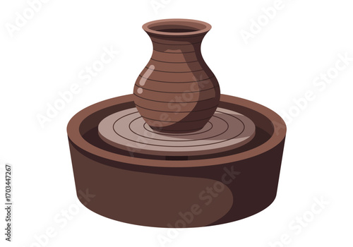 Brown clay vase with horizontal lines on a brown pottery wheel centerframe against a white background