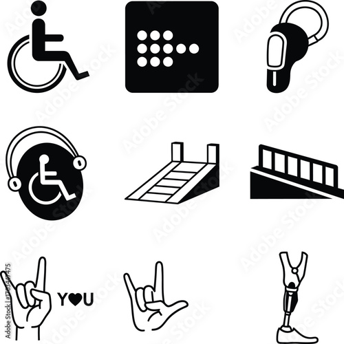 Accessibility and disability icons. Inclusive design, sign language, and assistance vector illustration set.