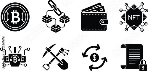 Cryptocurrency icons. Blockchain, NFT, Bitcoin, and digital money vector illustration set.