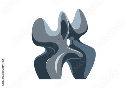 Gray abstract curvy sculpturelike figure with a hole in the center and a smooth modern design against a white background
