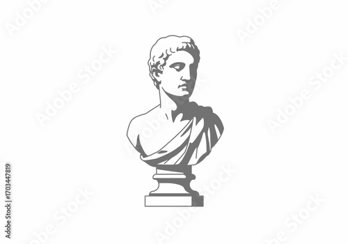 Graytoned sculpture of a man with short hair and a draped toga atop a pedestal