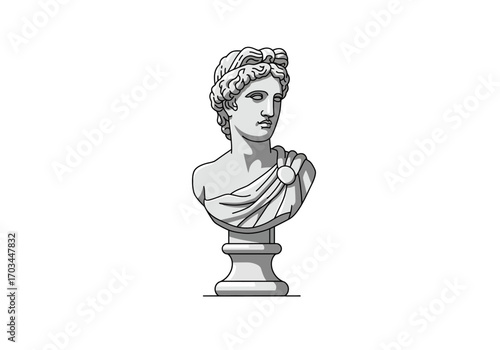 Grayscale bust of a GrecoRoman figure on a pedestal looking left