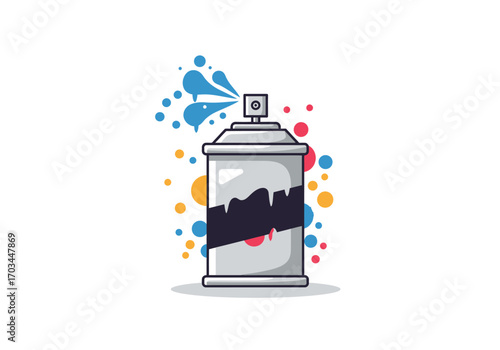 Grey spray paint can with blue spray and colorful dots around it
