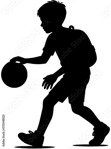Silhouette of Boy Dribbling Basketball - Kids Sports Vector