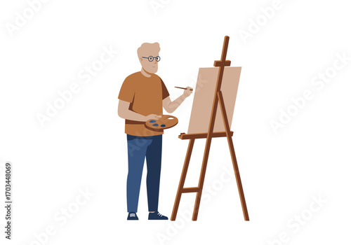 Man in glasses painting on canvas Holding palette standing by easel