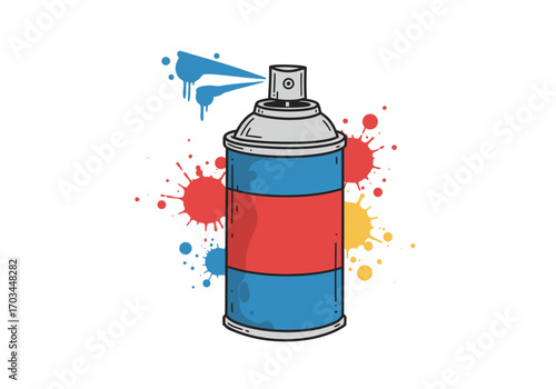 Spray can with blue red and yellow paint splatters around it