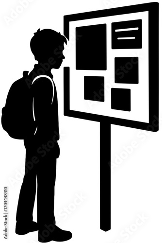 Silhouette of Student Reading Notice Board - School and Education Vector Illustration