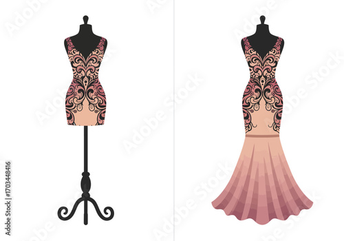 Two mannequin dresses one short on a stand one long ornate pinkcoral
