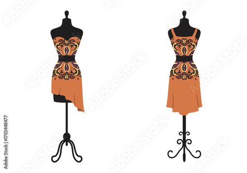 Two mannequins displaying decorative dresses detailed design and unique stand styles