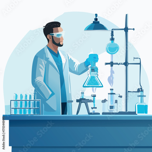 A scientist in a lab coat carefully examines chemical reactions within various lab equipment.
