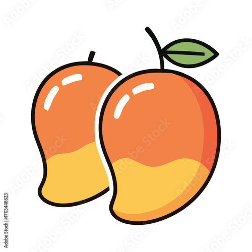 Illustration of two vibrant tropical mangoes, ripe and juicy, symbolizing fresh fruit, healthy snacks, and summer delights
