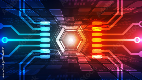 Futuristic Digital Circuit Background with Glowing Hexagonal Core and Neon Blue Red Energy Flow Connections