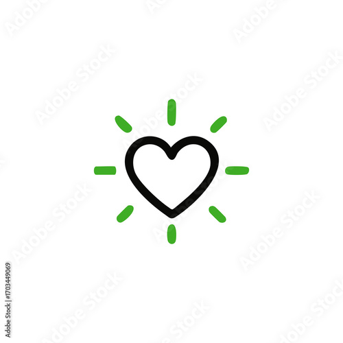 Simple black outline heart with radiating green rays on white background