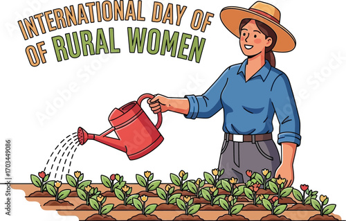 International day of Rural Women with woman watering plants, agriculture, and farming concept