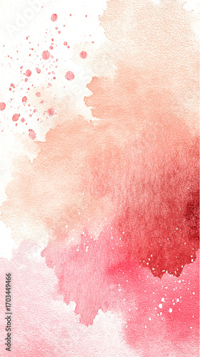 Abstract Watercolor Red and Pink Gradient Background with Paper Texture and Paint Splatters