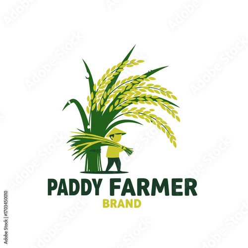 Paddy Farmer brand logo vector with rice plant and traditional farmer illustration