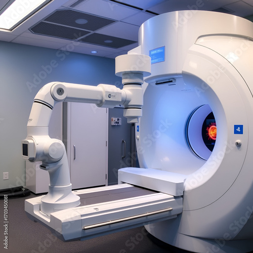 High-precision robotic arm positions advanced linear accelerator for non-invasive cancer treatment, emitting precise beams of radiation to target tumors with exacting accuracy.