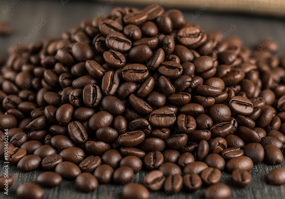 Fototapeta premium Aromatic coffee beans meticulously arranged on rustic wooden backdrop