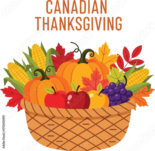 A basket full of autumn harvest for canadian thanksgiving celebration, pumpkins, corn, apples and grapes