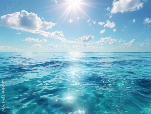 Wallpaper Mural A serene seascape depicts a tranquil ocean under a vibrant blue sky, dotted with fluffy white clouds and a bright sun.  The water's surface shimmers with sunlight reflections Torontodigital.ca