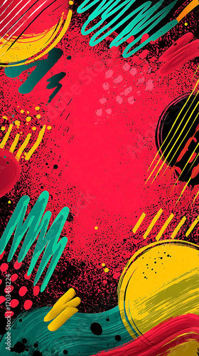 Modern Vibrant Abstract Graphic Art Background with Colorful Brush Strokes, Splatters, and Geometric Shapes