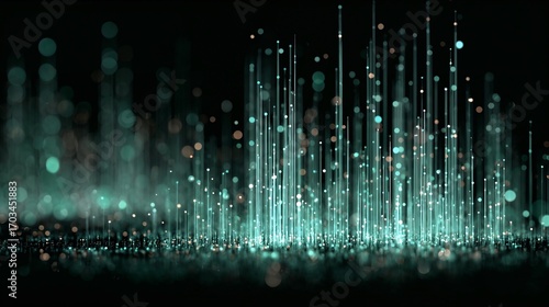 Abstract digital rain streaks in glowing light blue colors on black background