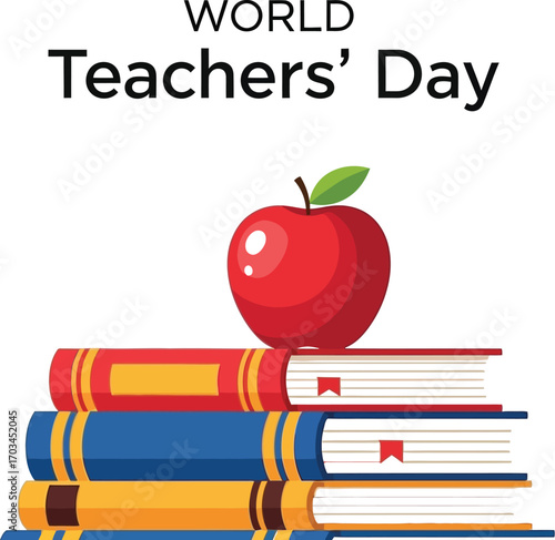 World Teachers' Day concept, a stack of books with apple on  top to celebrate holiday