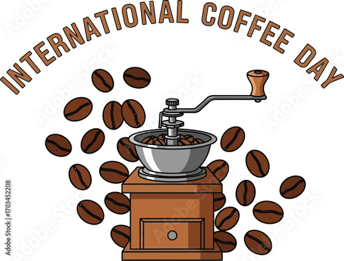 International coffee day with vintage manual coffee grinder and coffee beans vector illustration