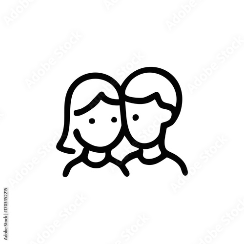 Simple black line drawing of two stylized figures, likely representing a couple or friends, with rounded features and short hair