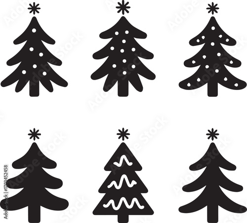 Christmas Tree Icon Set – Hand Drawn Winter Holiday Silhouette Vector Collection. Design Elements