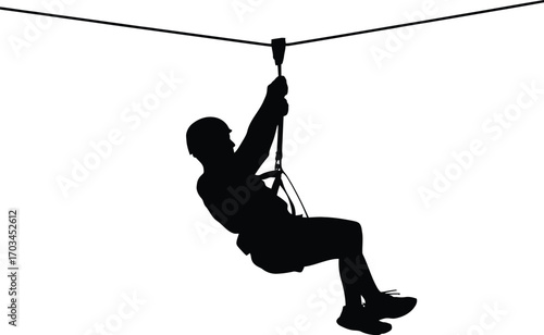 Person ziplining on wire silhouette harness