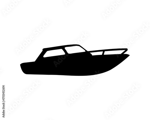A silhouette of a small cabin boat speeding on calm waters.