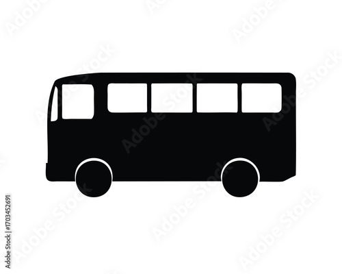 Simple Black Bus Silhouette on White Background, Passenger Transportation Concept
