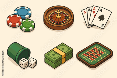 Casino symbols collection: roulette, poker cards, dice, chips, cash, gambling table