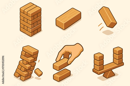 Wooden jenga blocks in various stages of gameplay