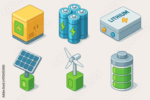 Renewable energy icons: solar panel, wind turbine, batteries, lithium, power generation