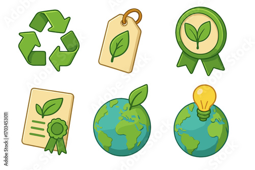 Eco-friendly symbols featuring recycling, certification, and global sustainability